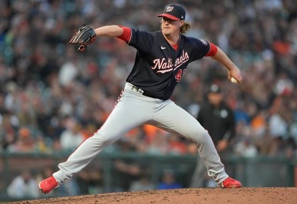 Sam Clay of the Washington Nationals pitches against the San Francisco Giants in the bottom of the fourth inning at Oracle Park on July 09, 2021 in...