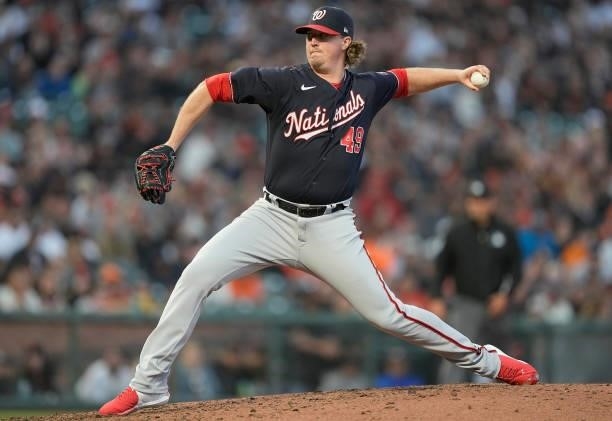 Sam Clay of the Washington Nationals pitches against the San Francisco Giants in the bottom of the fourth inning at Oracle Park on July 09, 2021 in...