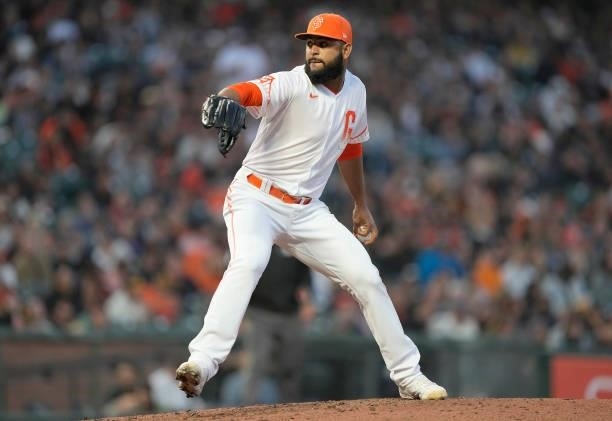 Jarlin Garcia of the San Francisco Giants pitches against the Washington Nationals in the top of the fifth inning at Oracle Park on July 09, 2021 in...