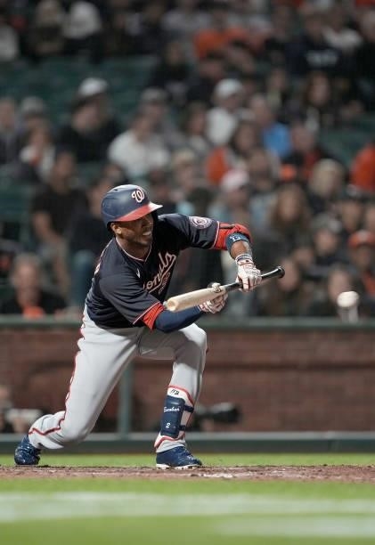 Alcides Escobar of the Washington Nationals sacrifice bunts against the San Francisco Giants in the top of the seventh inning at Oracle Park on July...