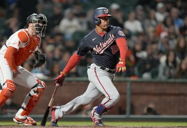 Juan Soto of the Washington Nationals bats against the San Francisco Giants in the top of the seventh inning at Oracle Park on July 09, 2021 in San...