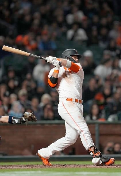 Brandon Crawford of the San Francisco Giants bats against the Washington Nationals in the bottom of the seventh inning at Oracle Park on July 09,...