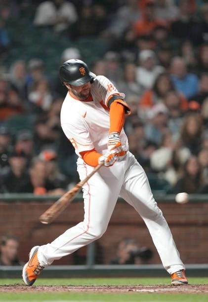 Darin Ruf of the San Francisco Giants bats against the Washington Nationals in the bottom of the seventh inning at Oracle Park on July 09, 2021 in...