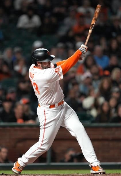 Darin Ruf of the San Francisco Giants bats against the Washington Nationals in the bottom of the seventh inning at Oracle Park on July 09, 2021 in...