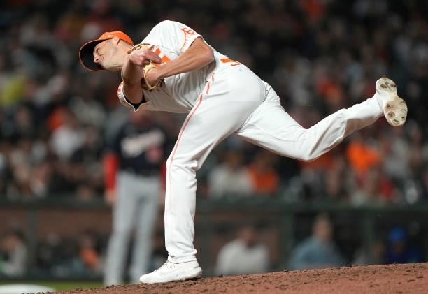 Tyler Rogers of the San Francisco Giants pitches against the Washington Nationals in the top of the eighth inning at Oracle Park on July 09, 2021 in...