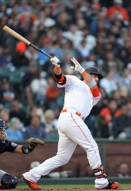 Mike Yastrzemski of the San Francisco Giants bats against the Washington Nationals in the bottom of the second inning at Oracle Park on July 09, 2021...