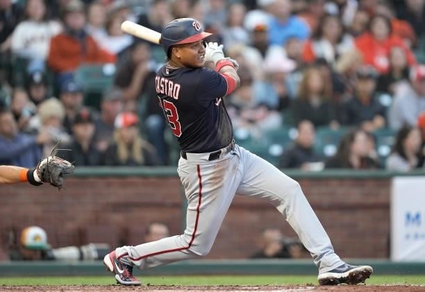 Starlin Castro of the Washington Nationals bats against the San Francisco Giants in the top of the fourth inning at Oracle Park on July 09, 2021 in...