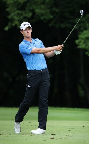 Maverick McNealy plays his second shot on the sixth hole during the final round of the John Deere Classic at TPC Deere Run on July 11, 2021 in...