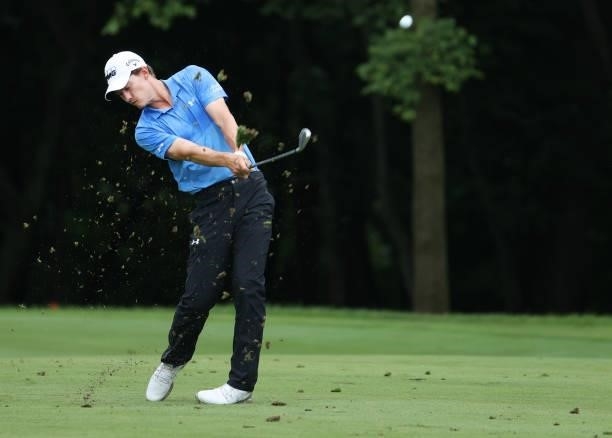 Maverick McNealy plays his second shot on the sixth hole during the final round of the John Deere Classic at TPC Deere Run on July 11, 2021 in...