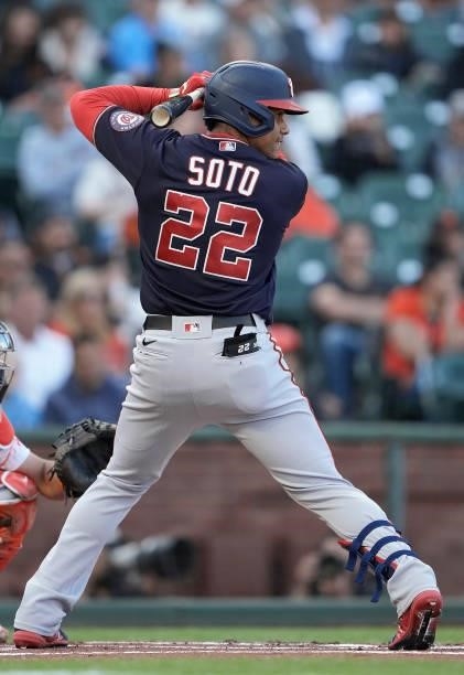 Juan Soto of the Washington Nationals bats against the San Francisco Giants in the top of the first inning at Oracle Park on July 09, 2021 in San...