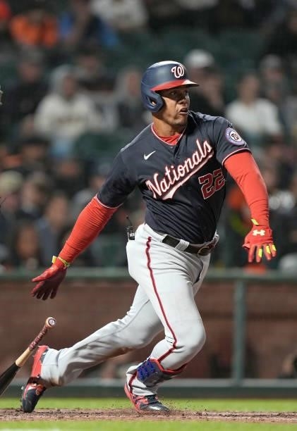 Juan Soto of the Washington Nationals bats against the San Francisco Giants in the top of the seventh inning at Oracle Park on July 09, 2021 in San...