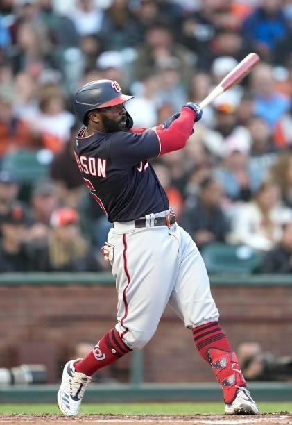 Josh Harrison of the Washington Nationals bats against the San Francisco Giants in the top of the fourth inning at Oracle Park on July 09, 2021 in...