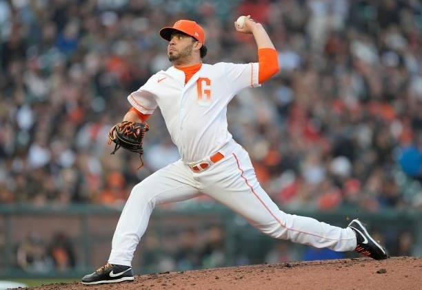 Jose Alvarez of the San Francisco Giants pitches against the Washington Nationals in the top of the fouth inning at Oracle Park on July 09, 2021 in...