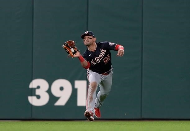 Gerardo Parra of the Washington Nationals catches a fly ball off the bat of Donovan Solano of the San Francisco Giants in the bottom of the six...