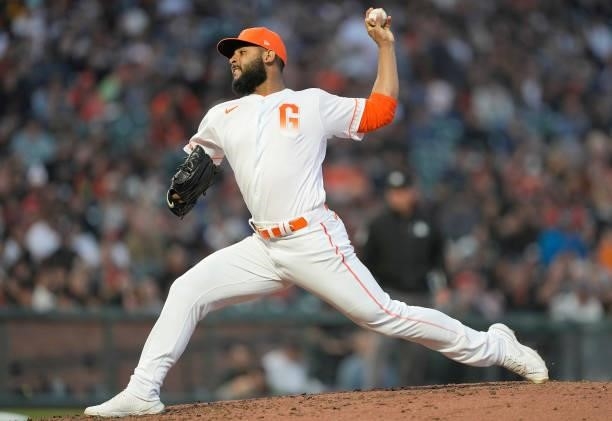 Jarlin Garcia of the San Francisco Giants pitches against the Washington Nationals in the top of the fifth inning at Oracle Park on July 09, 2021 in...