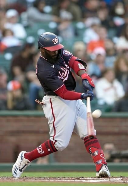 Josh Harrison of the Washington Nationals bats against the San Francisco Giants in the top of the second inning at Oracle Park on July 09, 2021 in...