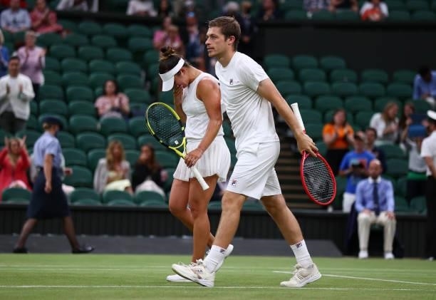 Neal Skupski of Great Britain and Desirae Krawczyk of USA celebrate winning their mixed doubles Final match against Joe Salisbury of Great Britain...