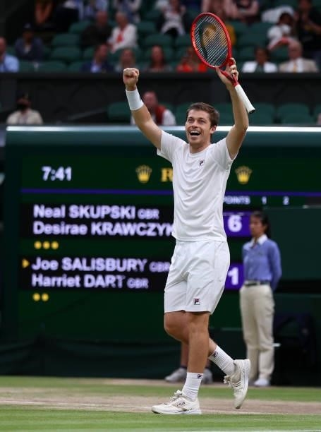 Neal Skupski of Great Britain celebrates winning their mixed doubles Final match against Joe Salisbury of Great Britain and Harriet Dart of Great...