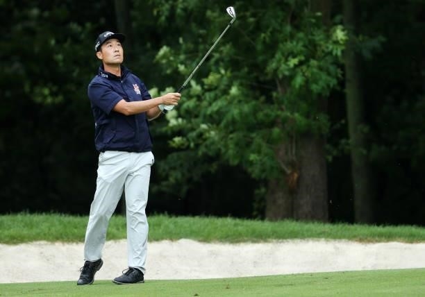 Kevin Na plays his second shot on the sixth hole during the final round of the John Deere Classic at TPC Deere Run on July 11, 2021 in Silvis,...
