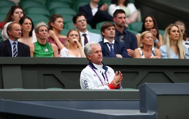 Coach Louis Cayer watches Neal Skupski of Great Britain and Desirae Krawczyk of USA in action with Joe Salisbury of Great Britain and Harriet Dart of...