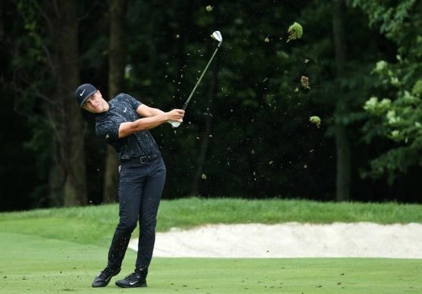 Cameron Champ plays his second shot on the sixth hole during the final round of the John Deere Classic at TPC Deere Run on July 11, 2021 in Silvis,...