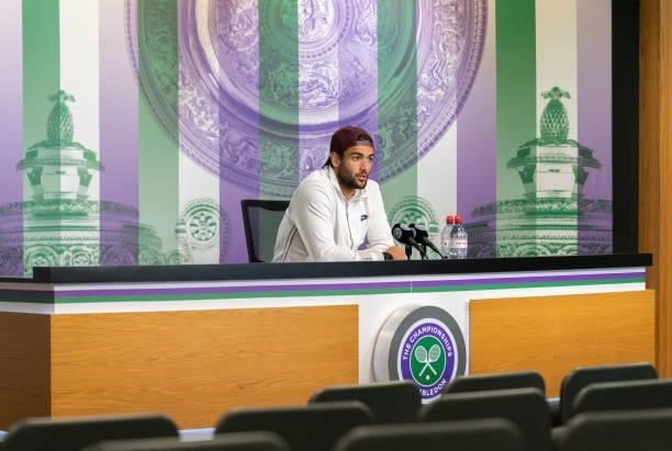 Matteo Berrettini of Italy attends a press conference after losing his men's Singles Final match against Novak Djokovic of Serbia on Day Thirteen of...