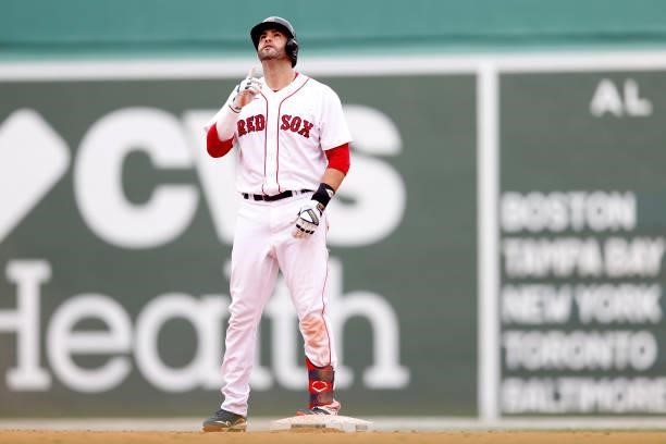 Martinez of the Boston Red Sox celebrates after hitting a double against the Philadelphia Phillies during the fifth inning at Fenway Park on July 11,...