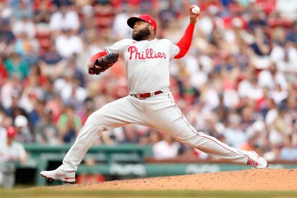 Jose Alvarado of the Philadelphia Phillies pitches against the Boston Red Sox during the sixth inning at Fenway Park on July 11, 2021 in Boston,...
