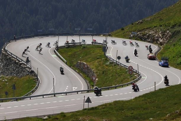 The Peloton passing through Port D'envalira during the 108th Tour de France 2021, Stage 15 a 191,3km stage from Céret to Andorre-la-Vieille /...