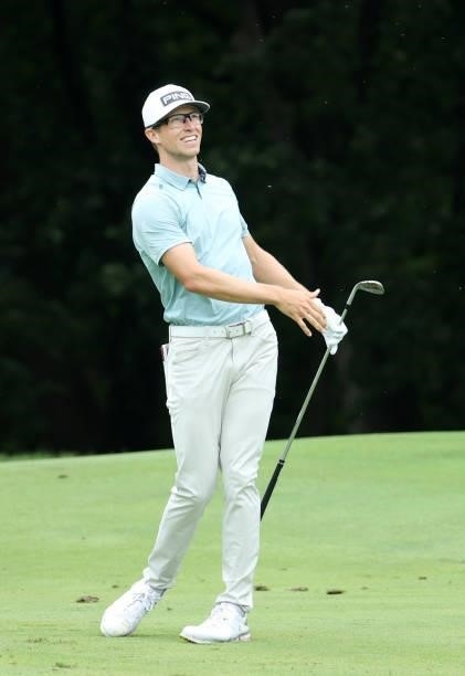 Brandon Hagy plays his second shot on the sixth hole during the final round of the John Deere Classic at TPC Deere Run on July 11, 2021 in Silvis,...