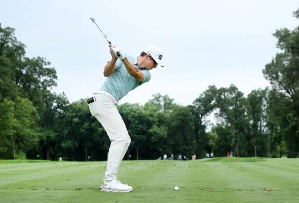 Brandon Hagy plays his second shot on the seventh hole during the final round of the John Deere Classic at TPC Deere Run on July 11, 2021 in Silvis,...