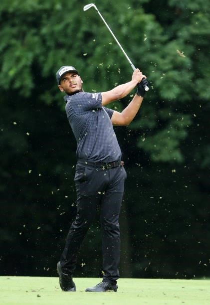 Sebastian Munoz of Colombia plays his second shot on the sixth hole during the final round of the John Deere Classic at TPC Deere Run on July 11,...
