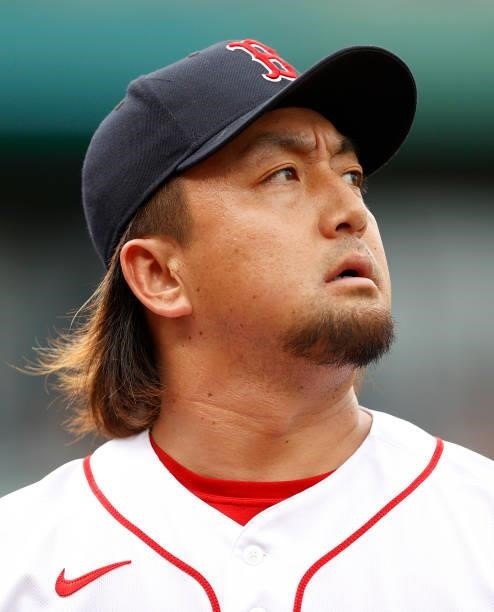 Hirokazu Sawamura of the Boston Red Sox looks on during the seventh inning against the Philadelphia Phillies at Fenway Park on July 11, 2021 in...