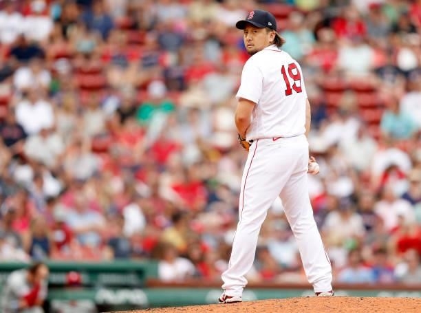 Hirokazu Sawamura of the Boston Red Sox looks on during the seventh inning against the Philadelphia Phillies at Fenway Park on July 11, 2021 in...
