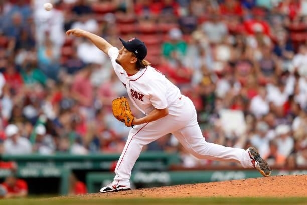 Hirokazu Sawamura of the Boston Red Sox pitches against the Philadelphia Phillies during the seventh inning at Fenway Park on July 11, 2021 in...