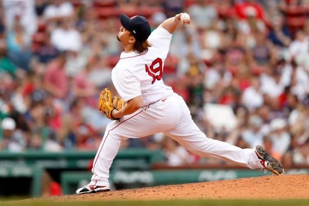 Hirokazu Sawamura of the Boston Red Sox pitches against the Philadelphia Phillies during the seventh inning at Fenway Park on July 11, 2021 in...