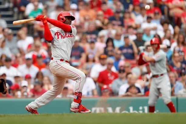 Didi Gregorius of the Philadelphia Phillies at bat during the eighth inning against the Boston Red Sox at Fenway Park on July 11, 2021 in Boston,...