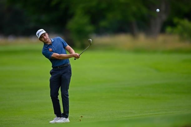 Ivan Cantero Gutierrez of Spain plays his third shot on the 18th hole green on during Day Four of Le Vaudreuil Golf Challenge at Golf PGA France du...