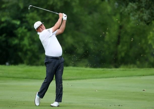 Jason Dufner plays his second shot on the 15th hole during the final round of the John Deere Classic at TPC Deere Run on July 11, 2021 in Silvis,...