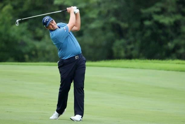 Brian Stuard plays his second shot on the 15th hole during the final round of the John Deere Classic at TPC Deere Run on July 11, 2021 in Silvis,...