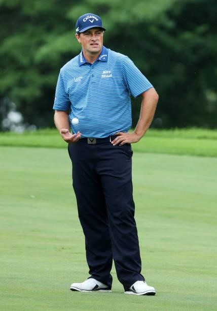 Brian Stuard reacts to his second shot on the 15th hole during the final round of the John Deere Classic at TPC Deere Run on July 11, 2021 in Silvis,...