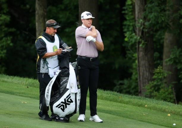 Luke List prepares to play his shot on the 15th hole during the final round of the John Deere Classic at TPC Deere Run on July 11, 2021 in Silvis,...