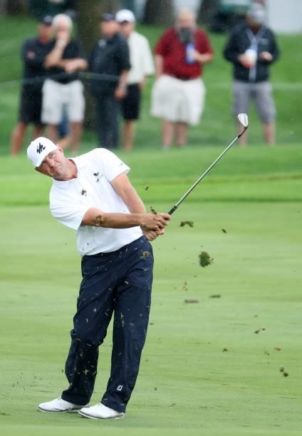 Lucas Glover plays his third shot on the 17th hole during the final round of the John Deere Classic at TPC Deere Run on July 11, 2021 in Silvis,...