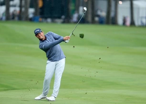 Adam Schenk plays his third shot on the 17th hole during the final round of the John Deere Classic at TPC Deere Run on July 11, 2021 in Silvis,...