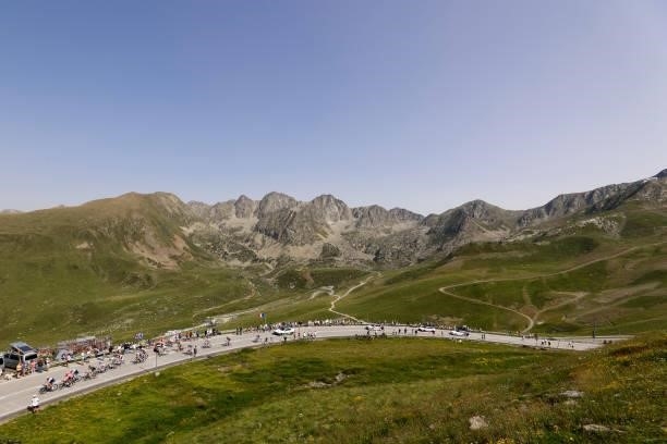The peloton passing throgh Port d'en Valira pass during the 108th Tour de France 2021, Stage 15 a 147km stage from Céret to Andorra la Vella /...