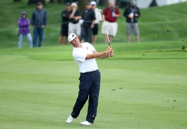 Lucas Glover plays his third shot on the 17th hole during the final round of the John Deere Classic at TPC Deere Run on July 11, 2021 in Silvis,...