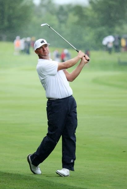 Lucas Glover plays his shot on the 18th hole during the final round of the John Deere Classic at TPC Deere Run on July 11, 2021 in Silvis, Illinois.