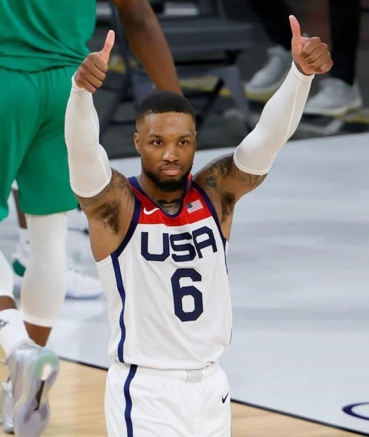 Damian Lillard of the United States asks for a jump ball call during an exhibition game against Nigeria at Michelob ULTRA Arena ahead of the Tokyo...