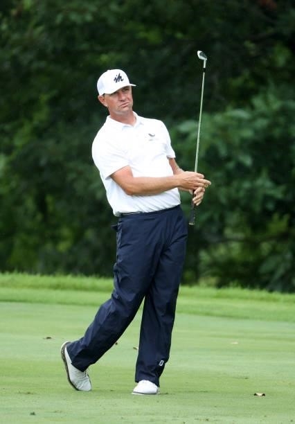 Lucas Glover plays his shot during the final round of the John Deere Classic at TPC Deere Run on July 11, 2021 in Silvis, Illinois.