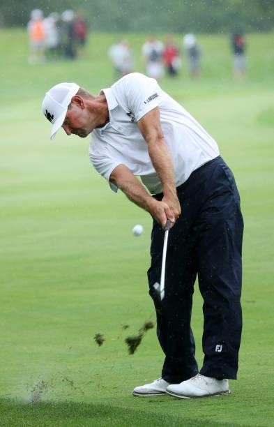 Lucas Glover plays his shot on the 18th hole during the final round of the John Deere Classic at TPC Deere Run on July 11, 2021 in Silvis, Illinois.